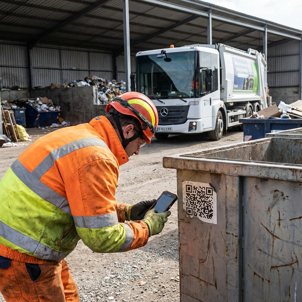 Agent scannant une benne de déchets