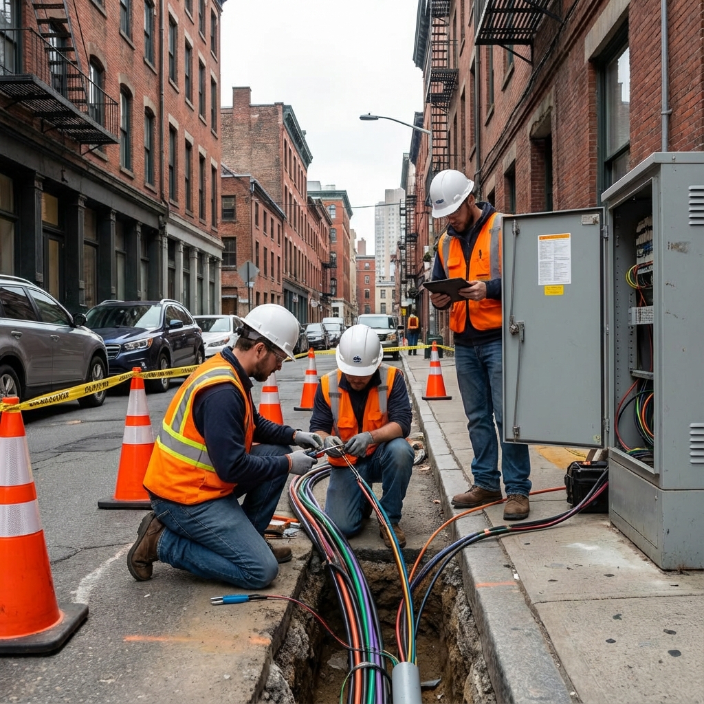 Techniciens fibre optique en intervention voirie